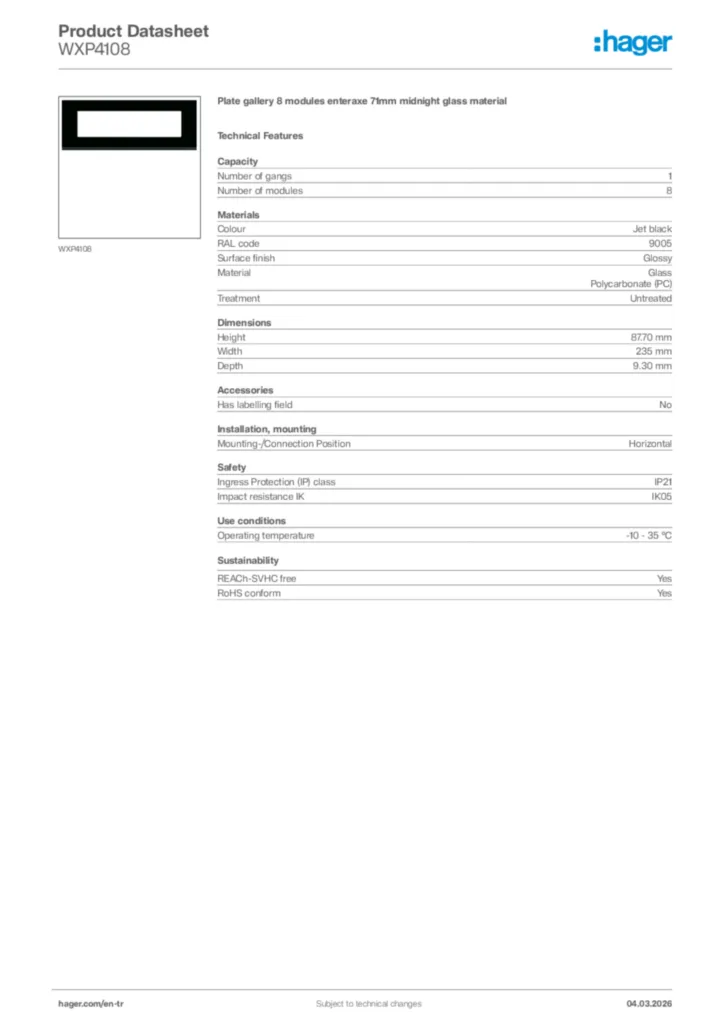 Image Hager Product data sheet WXP4108  | Hager