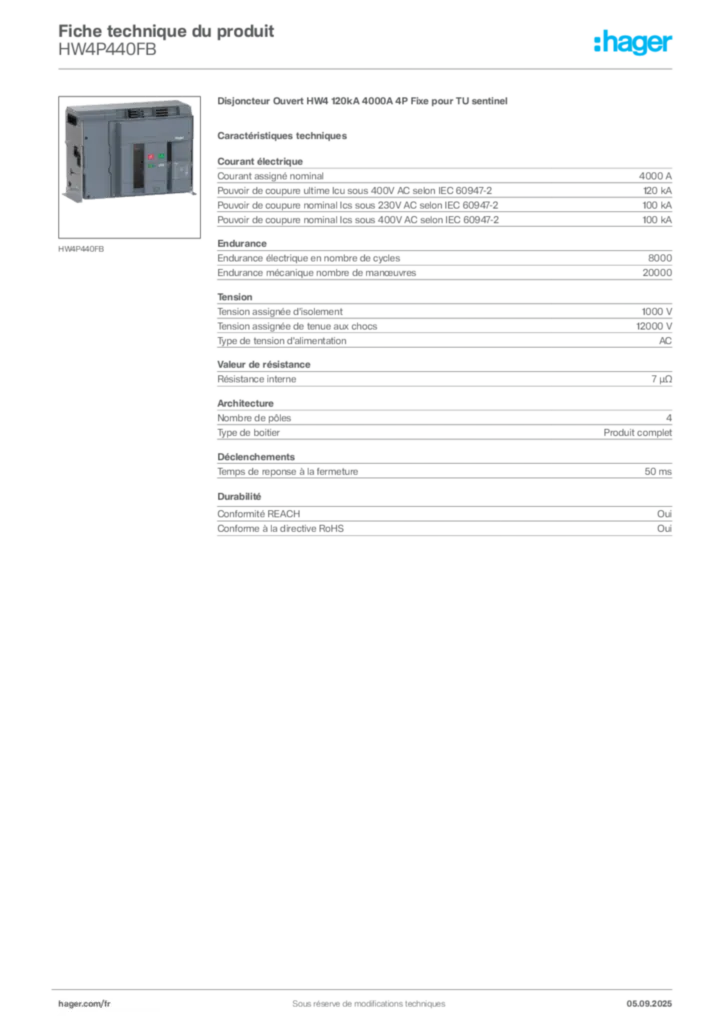 Image Hager Fiche technique du produit HW4P440FB | Hager France