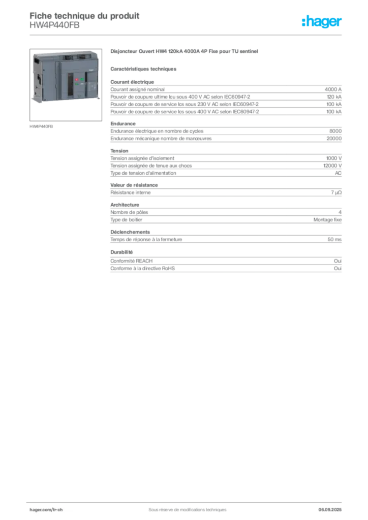 Image Hager Fiche technique du produit HW4P440FB | Hager Suisse