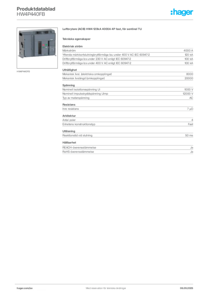 Bild Hager Produktdatablad HW4P440FB | Hager Sverige