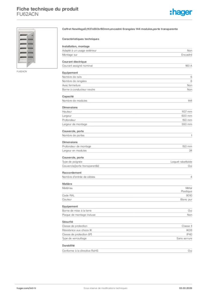 Image Hager Fiche technique du produit FU62ACN | Hager Afrique