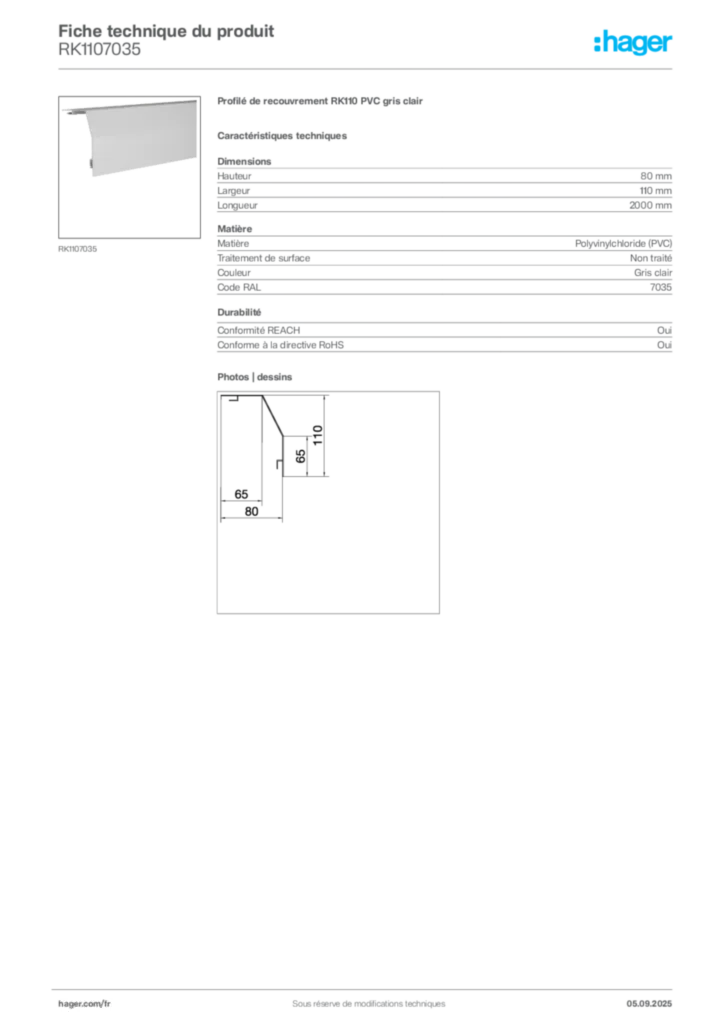 Image Hager Fiche technique du produit RK1107035 | Hager France