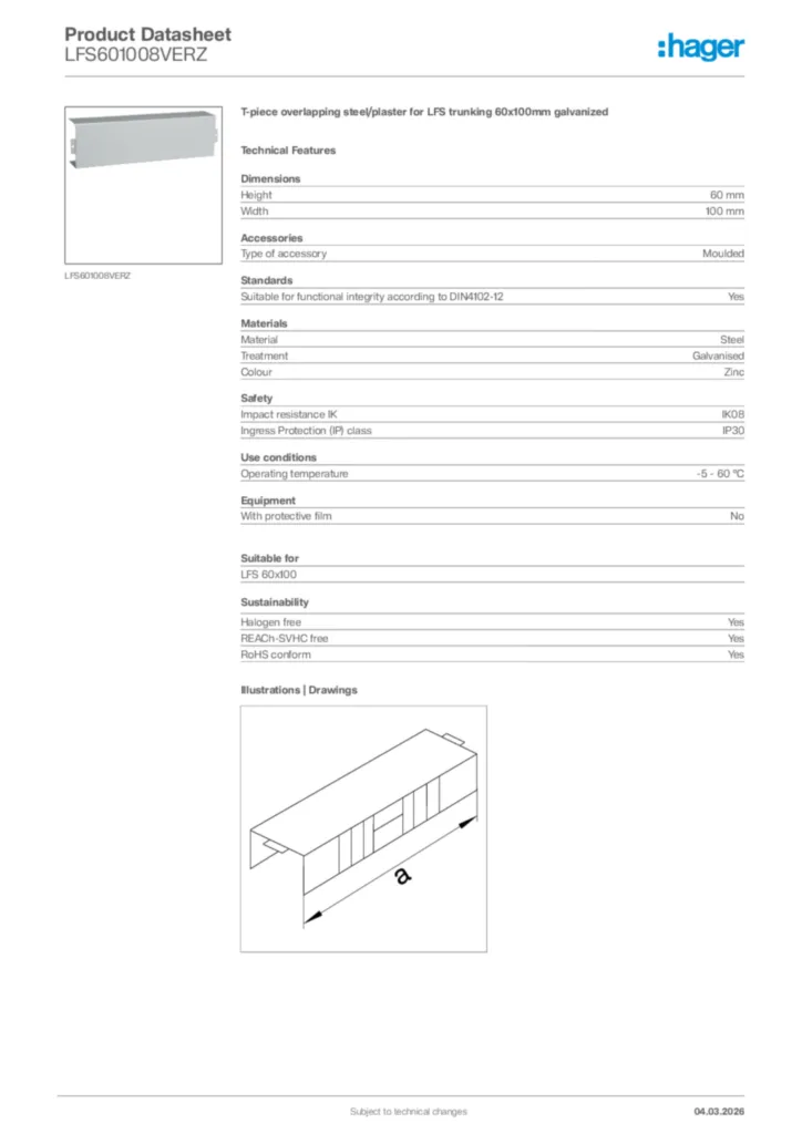 Image Hager Product data sheet LFS601008VERZ  | Hager Africa