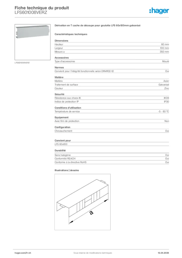 Image Hager Fiche technique du produit LFS601008VERZ | Hager Suisse