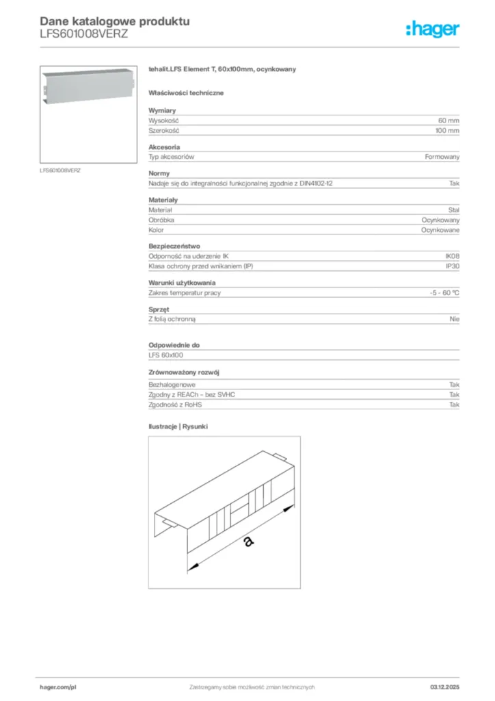 Zdjęcie Hager Dane katalogowe produktu LFS601008VERZ | Hager Polska