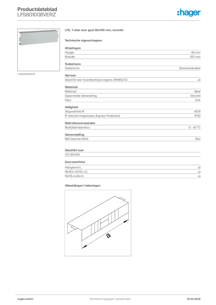Afbeelding Hager Productdatablad LFS601008VERZ | Hager Nederland