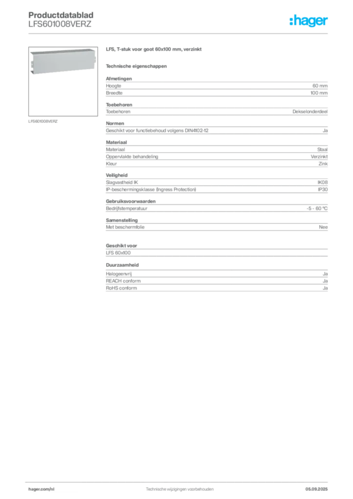 Afbeelding Hager Productdatablad LFS601008VERZ | Hager Nederland