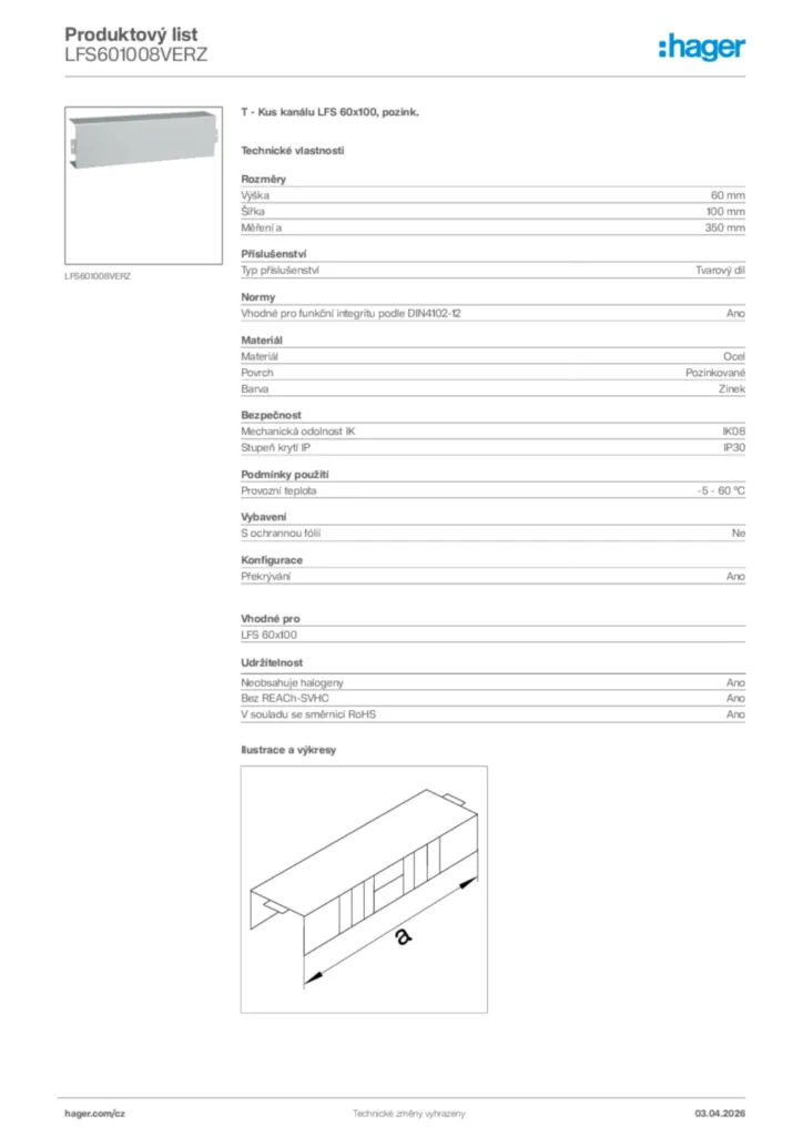 Obrázek Hager Product data sheet LFS601008VERZ | Hager