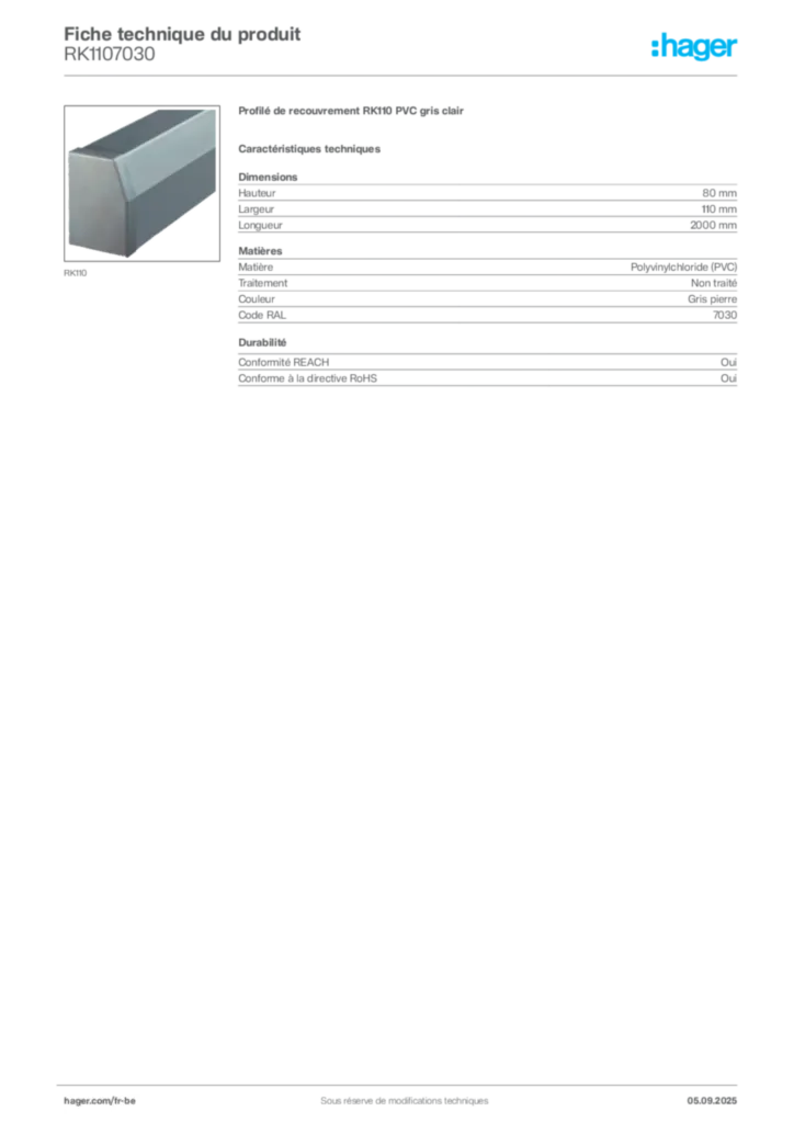 Image Hager Fiche technique du produit RK1107030 | Hager Belgique