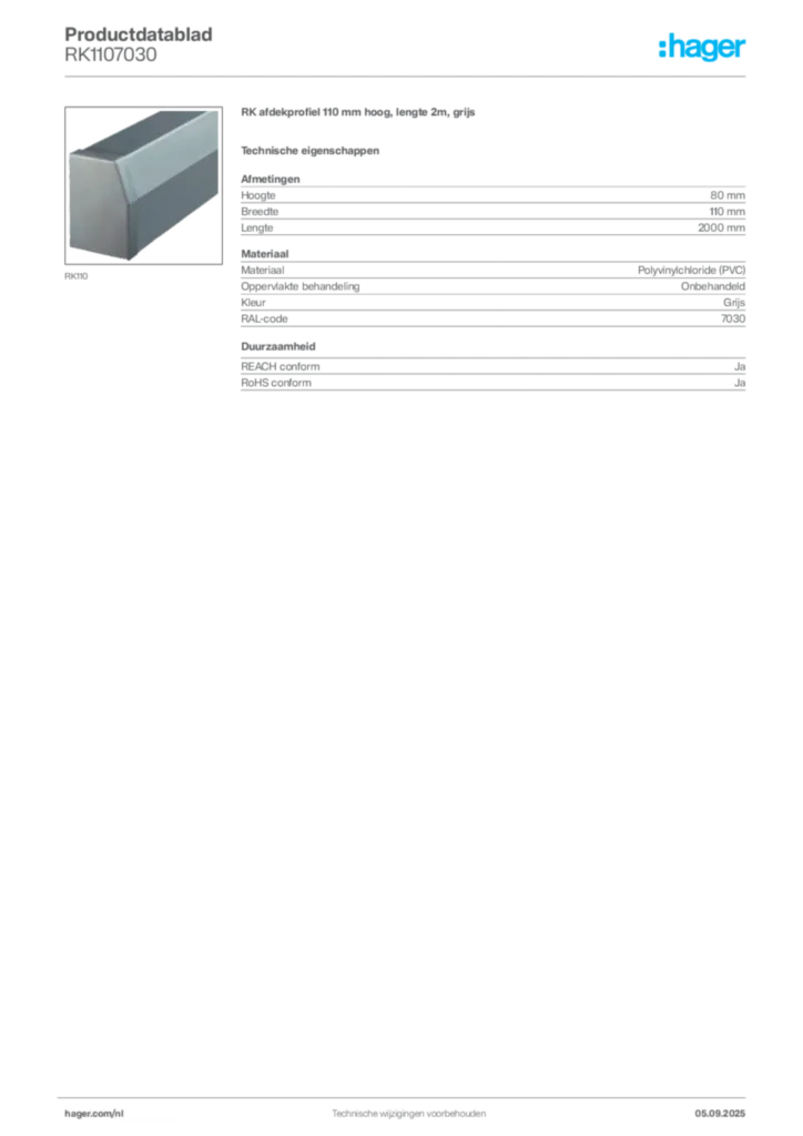 Afbeelding Hager Productdatablad RK1107030 | Hager Nederland
