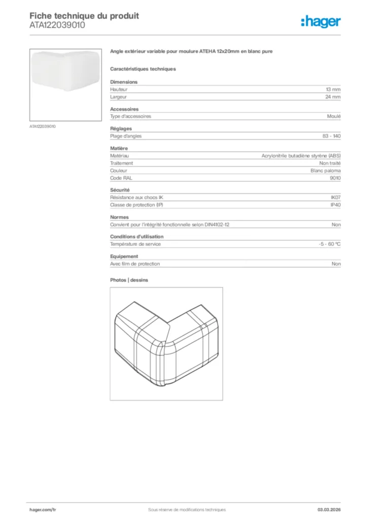 Image Hager Fiche technique du produit ATA122039010 | Hager France