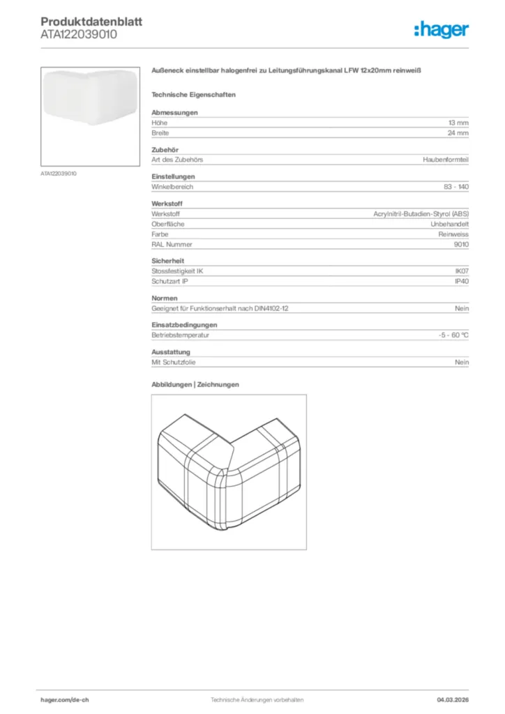 Bild Hager Produktdatenblatt ATA122039010 | Hager Schweiz