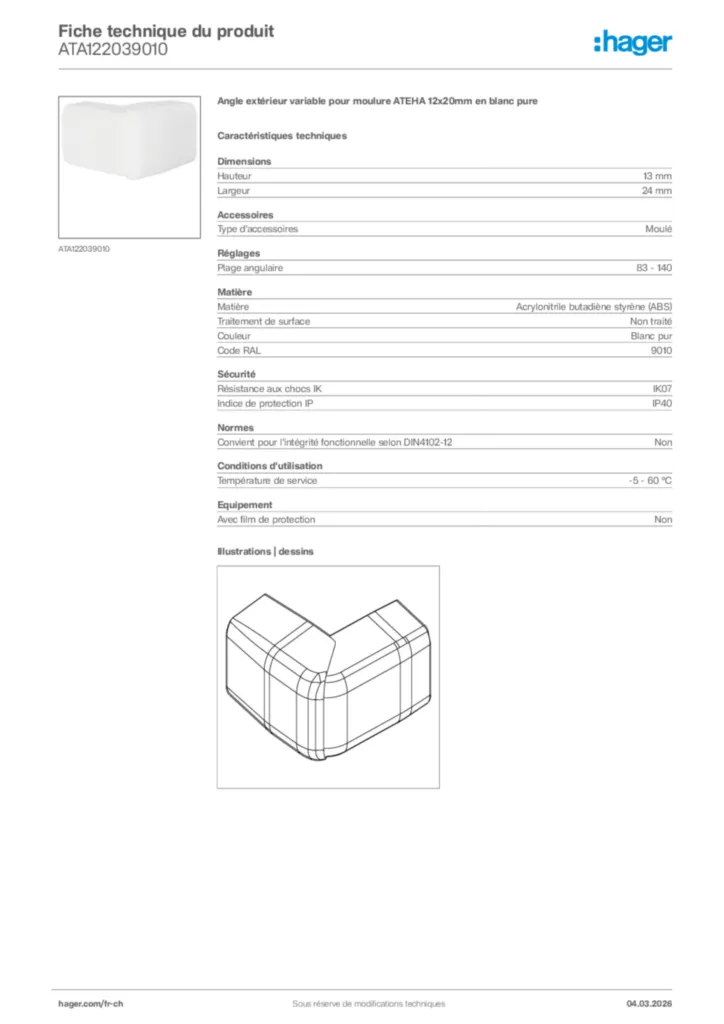 Image Hager Fiche technique du produit ATA122039010 | Hager Suisse