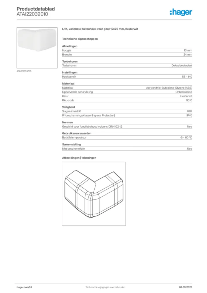 Afbeelding Hager Productdatablad ATA122039010 | Hager Nederland