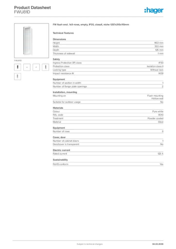 Image Hager Product data sheet FWU81D  | Hager Africa