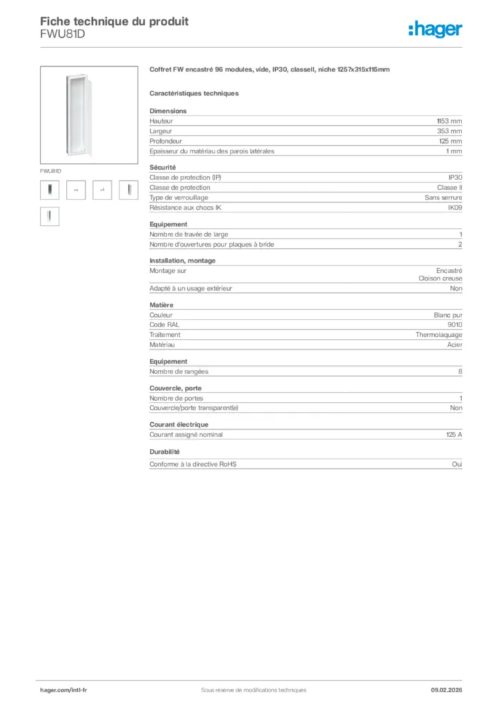Image Hager Fiche technique du produit FWU81D | Hager Afrique