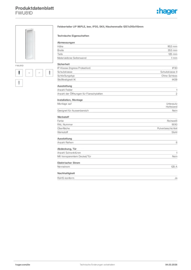 Bild Hager Produktdatenblatt FWU81D | Hager Deutschland