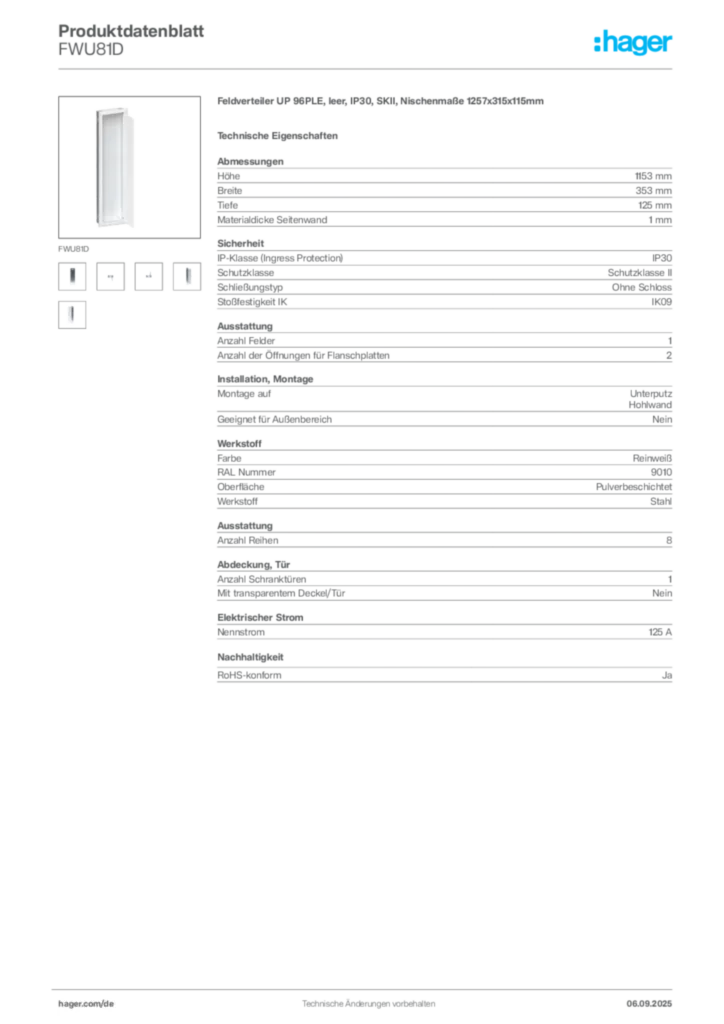 Bild Hager Produktdatenblatt FWU81D | Hager Deutschland