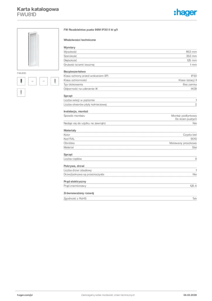 Zdjęcie Hager Karta katalogowa FWU81D | Hager Polska