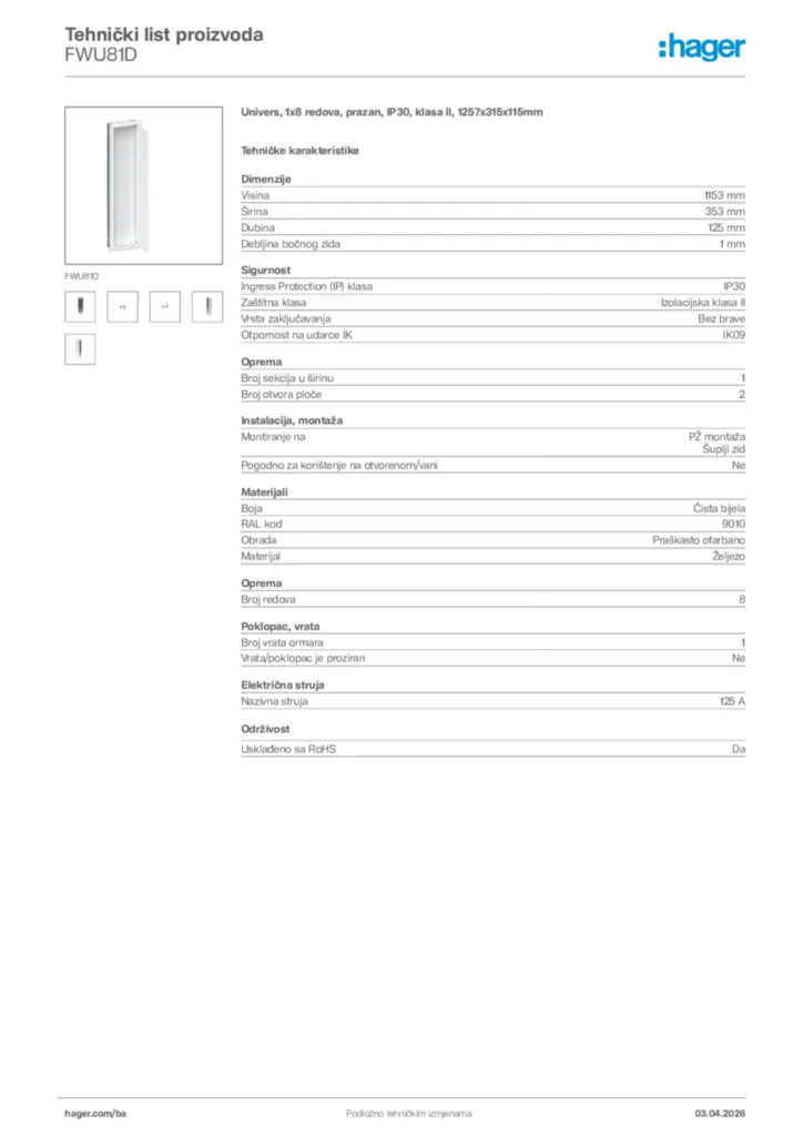 Slika Hager Tehnički list proizvoda FWU81D  | Hager