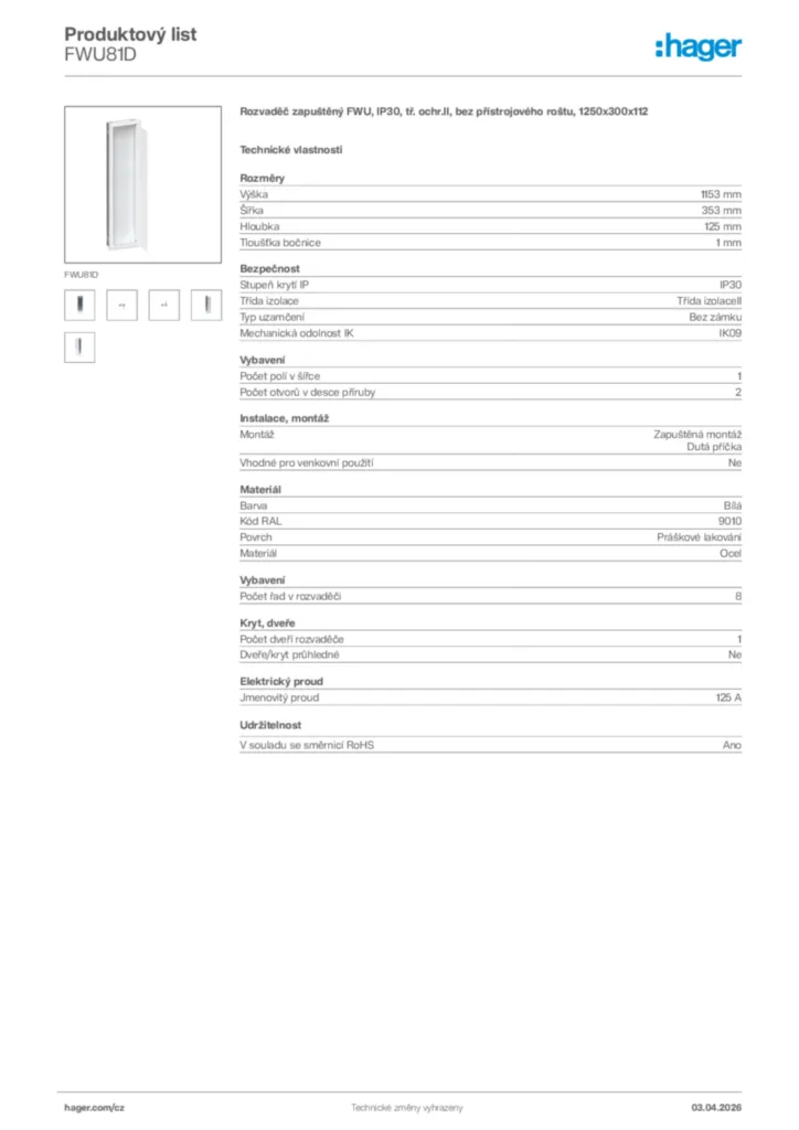 Obrázek Hager Product data sheet FWU81D | Hager
