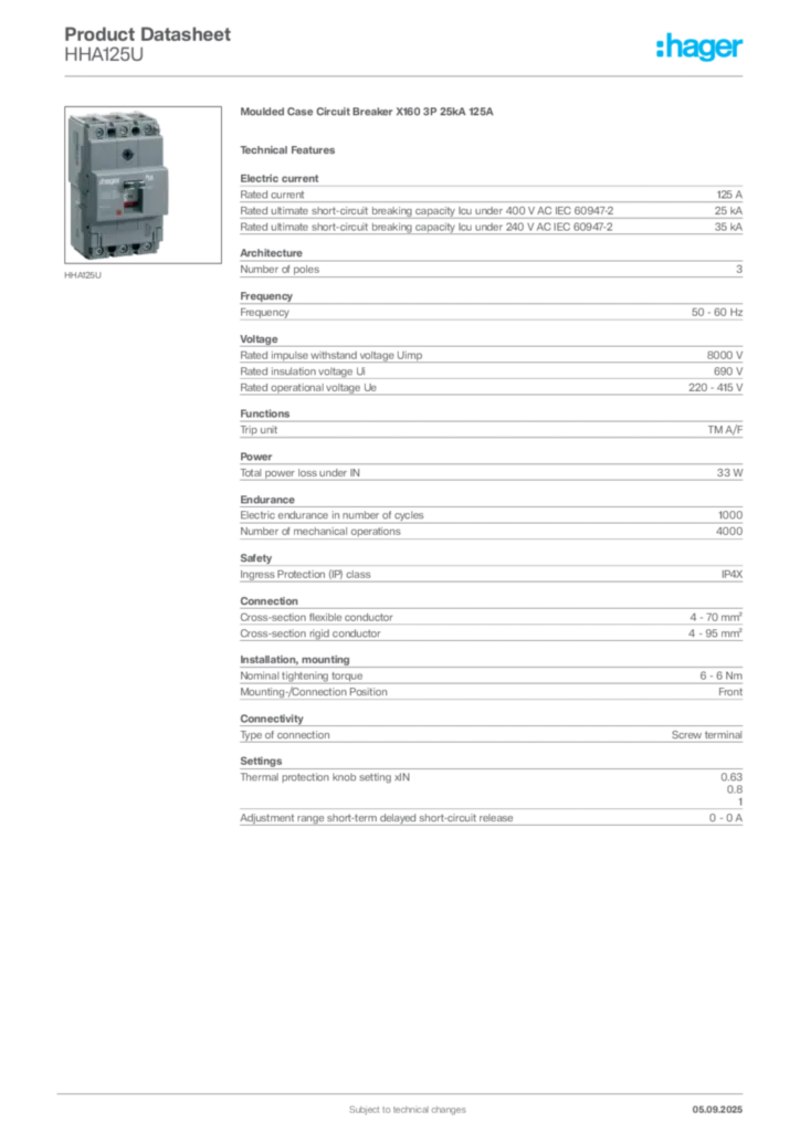 Image Hager Product data sheet HHA125U  | Hager