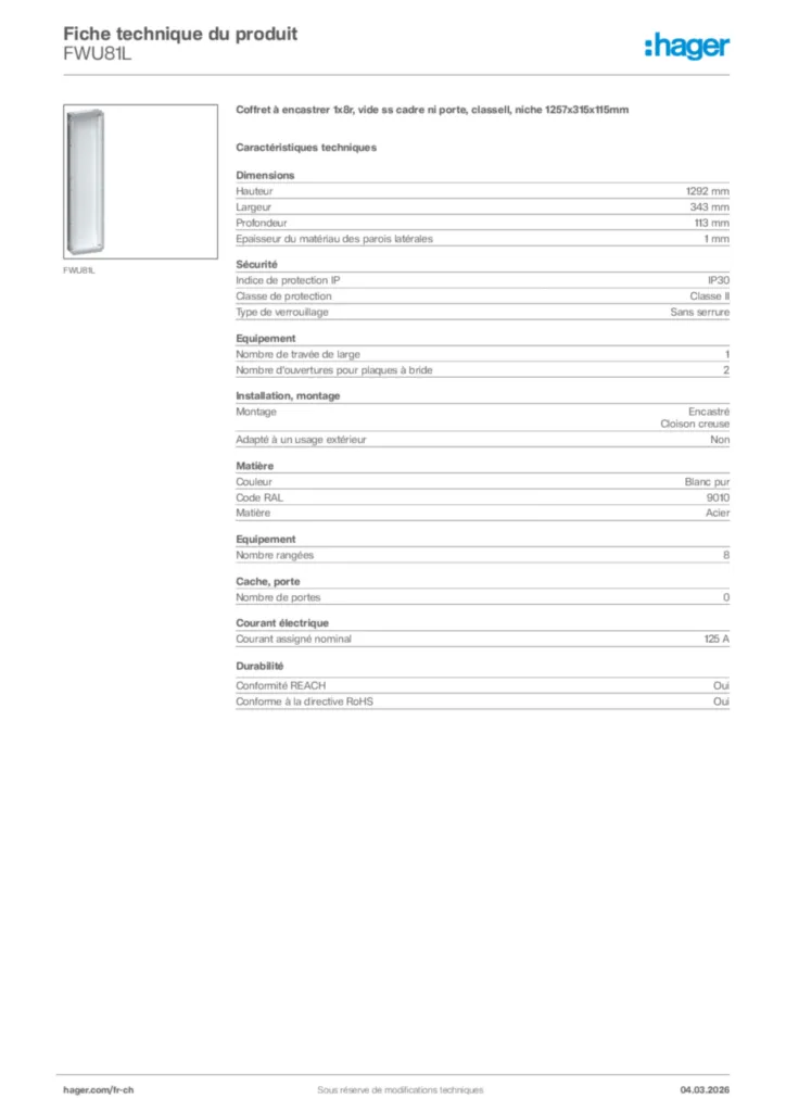 Image Hager Fiche technique du produit FWU81L | Hager Suisse