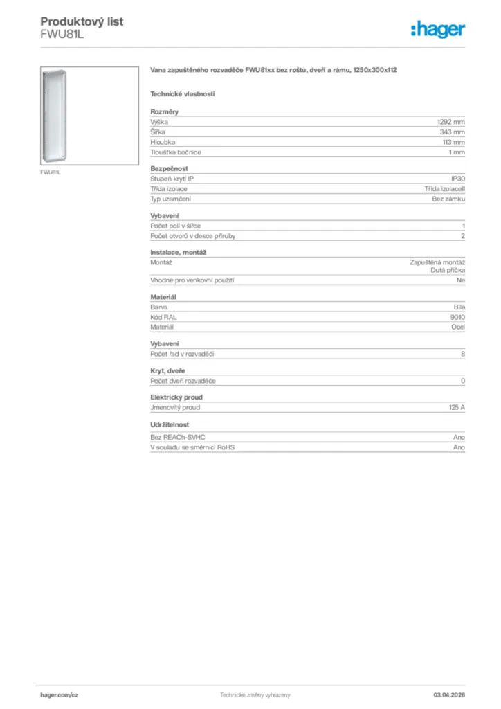 Obrázek Hager Product data sheet FWU81L | Hager