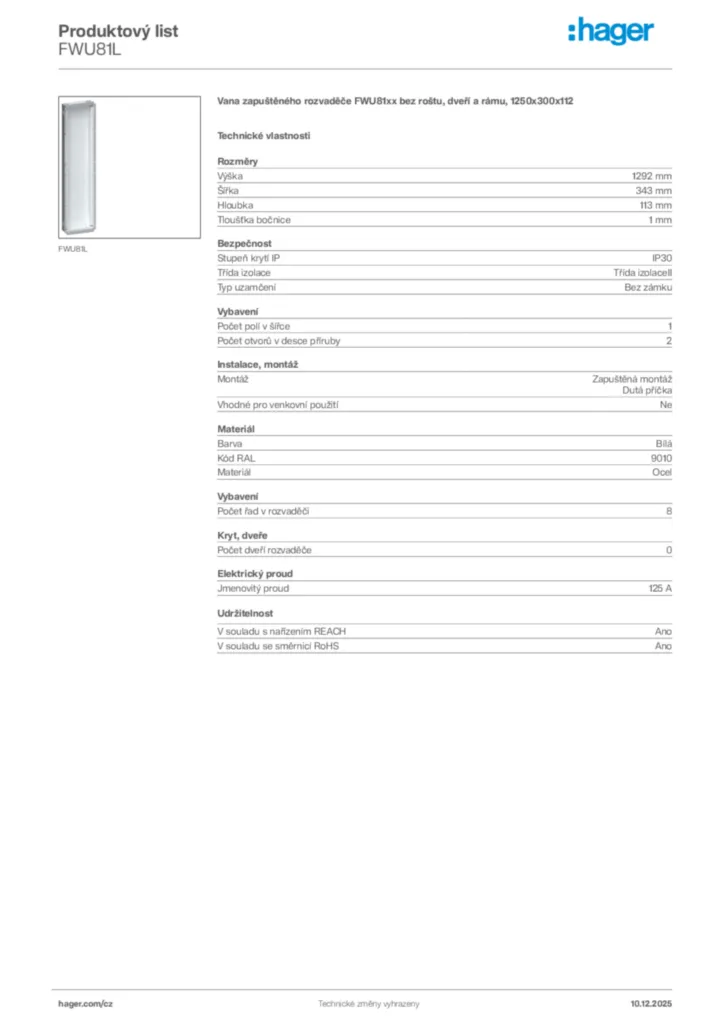 Obrázek Hager Produktový list FWU81L | Hager