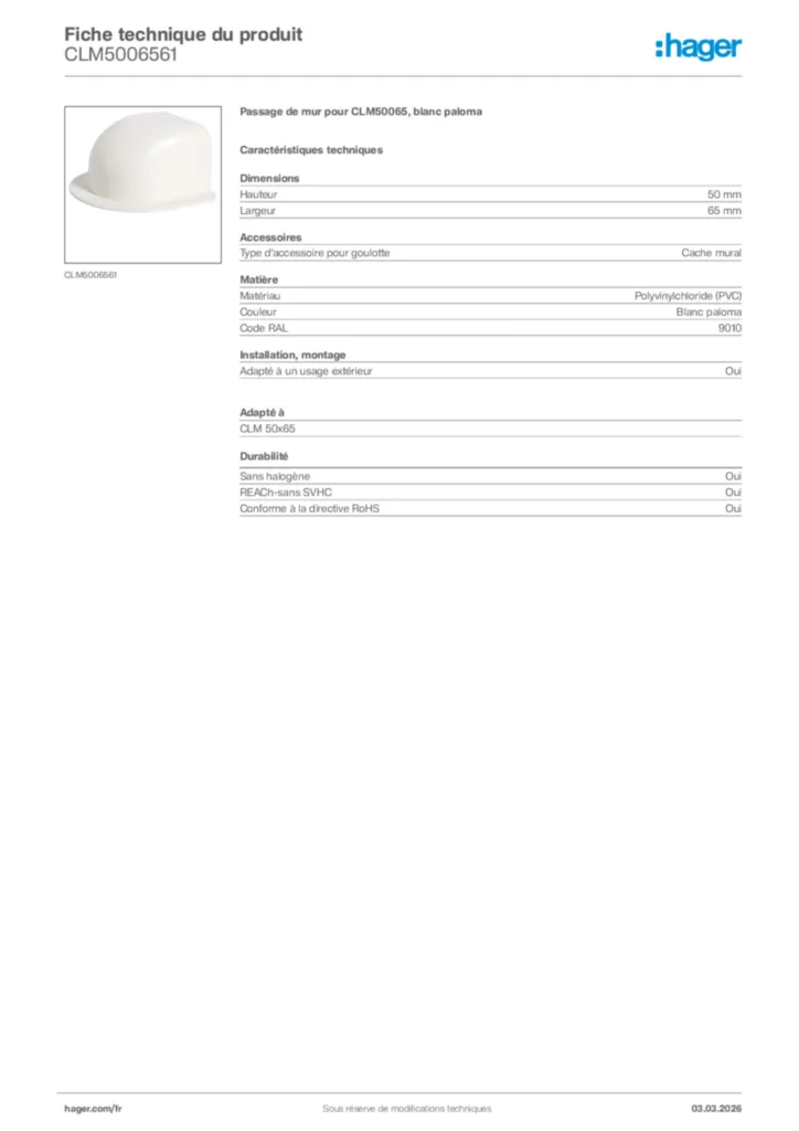 Image Hager Fiche technique du produit CLM5006561 | Hager France