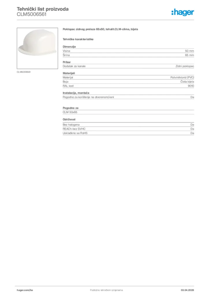 Slika Hager Tehnički list proizvoda CLM5006561  | Hager