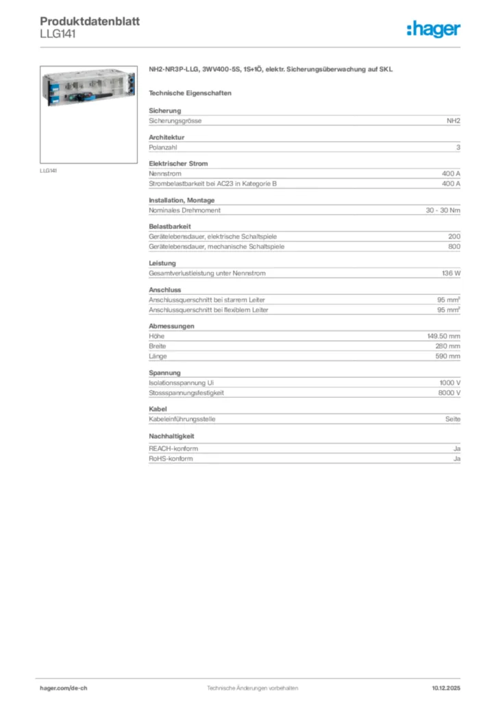 Bild Hager Produktdatenblatt LLG141 | Hager Schweiz