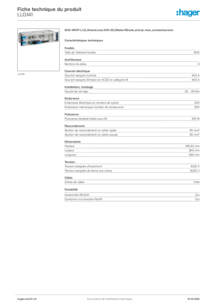 Image Hager Fiche technique du produit LLG141 | Hager Suisse