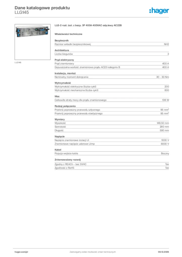 Zdjęcie Hager Karta katalogowa LLG145 | Hager Polska