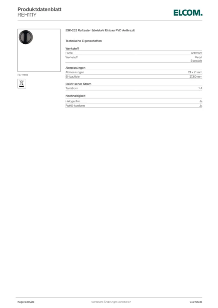 Bild Elcom Produktdatenblatt REH111Y | Hager Deutschland