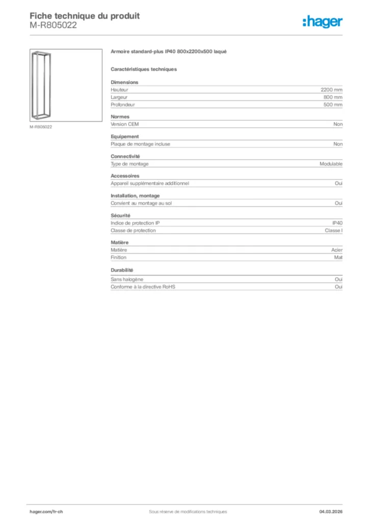 Image Hager Fiche technique du produit M-R805022 | Hager Suisse