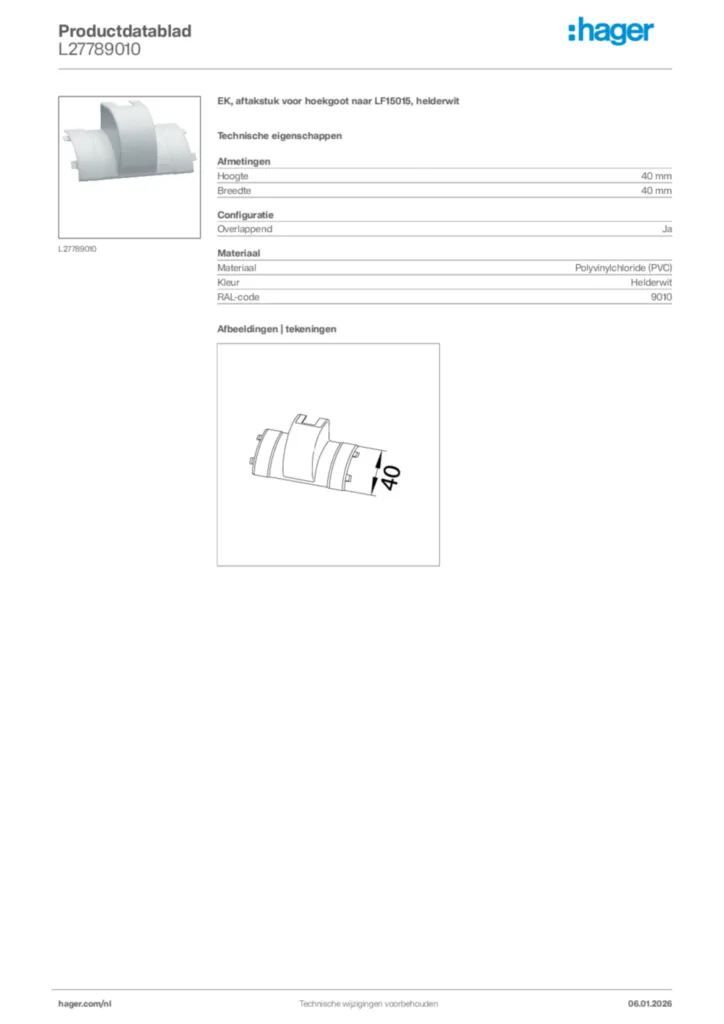 Afbeelding Hager Productdatablad L27789010 | Hager Nederland