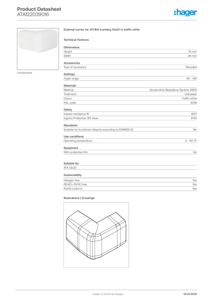 Image Hager Product data sheet ATA122039016  | Hager Africa