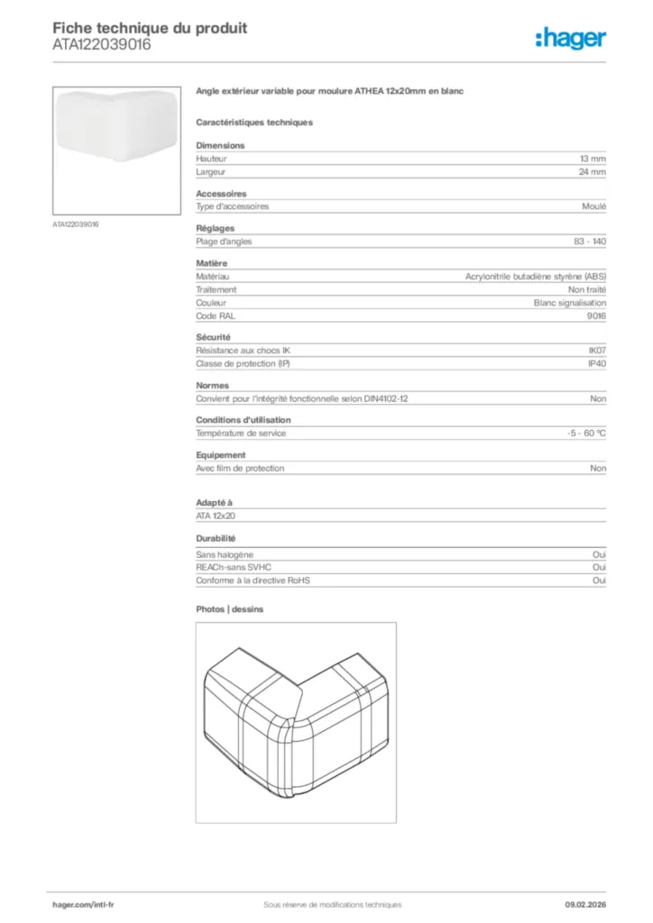 Image Hager Fiche technique du produit ATA122039016 | Hager Afrique