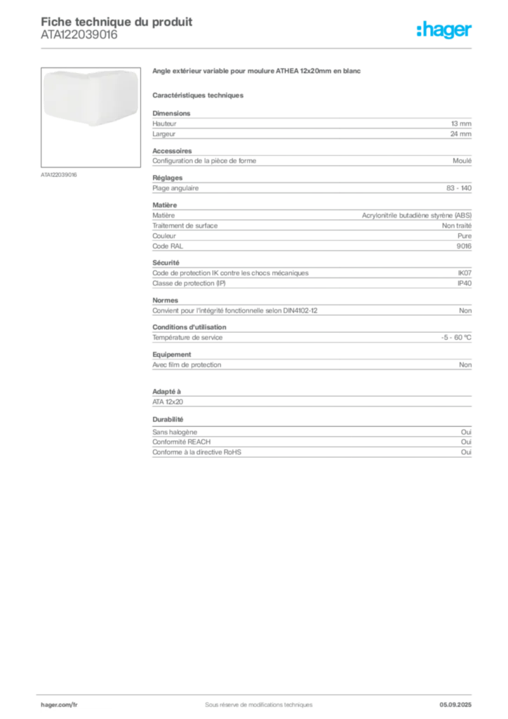 Image Hager Fiche technique du produit ATA122039016 | Hager France