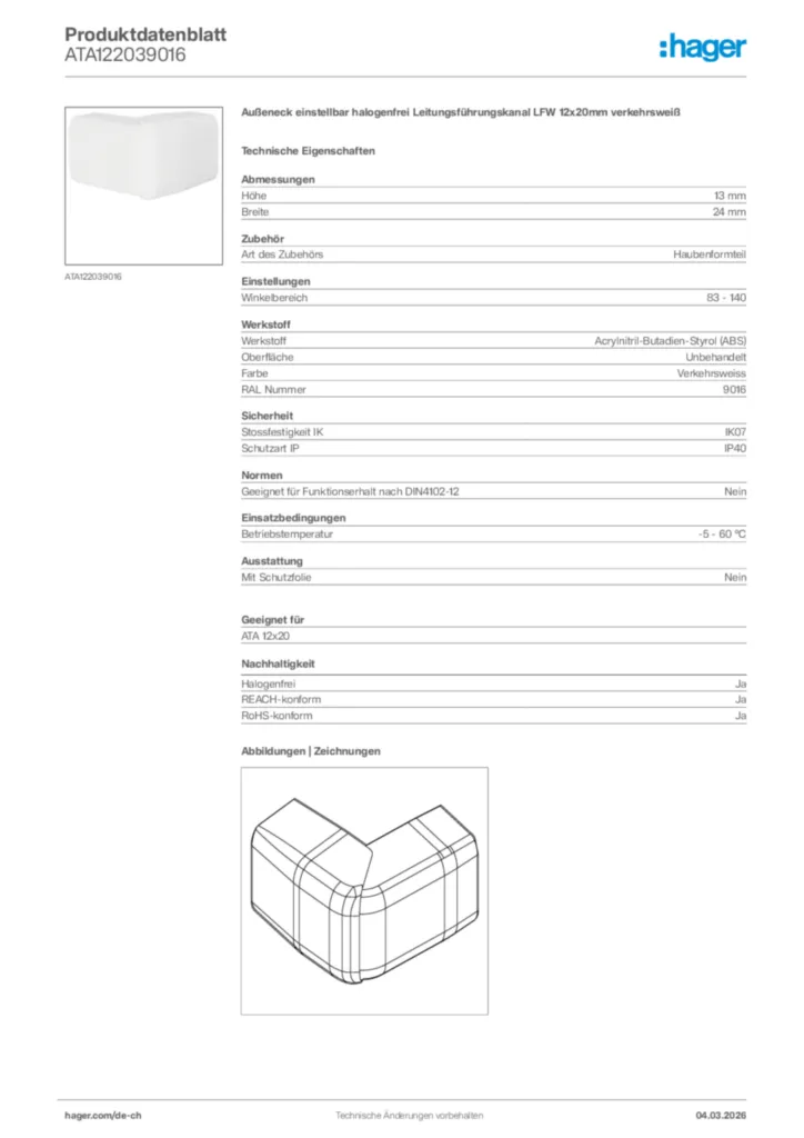 Bild Hager Produktdatenblatt ATA122039016 | Hager Schweiz