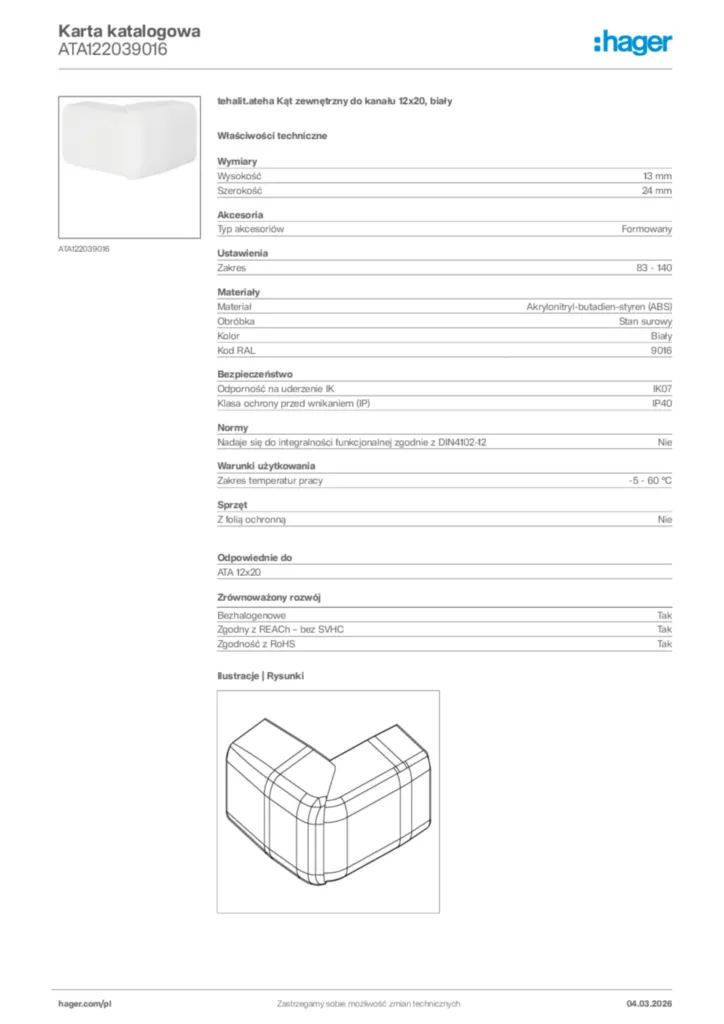 Zdjęcie Hager Karta katalogowa ATA122039016 | Hager Polska