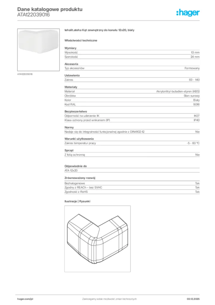 Zdjęcie Hager Dane katalogowe produktu ATA122039016 | Hager Polska