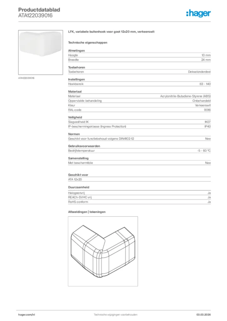 Afbeelding Hager Productdatablad ATA122039016 | Hager Nederland
