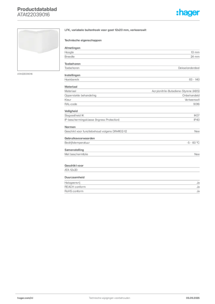 Afbeelding Hager Productdatablad ATA122039016 | Hager Nederland