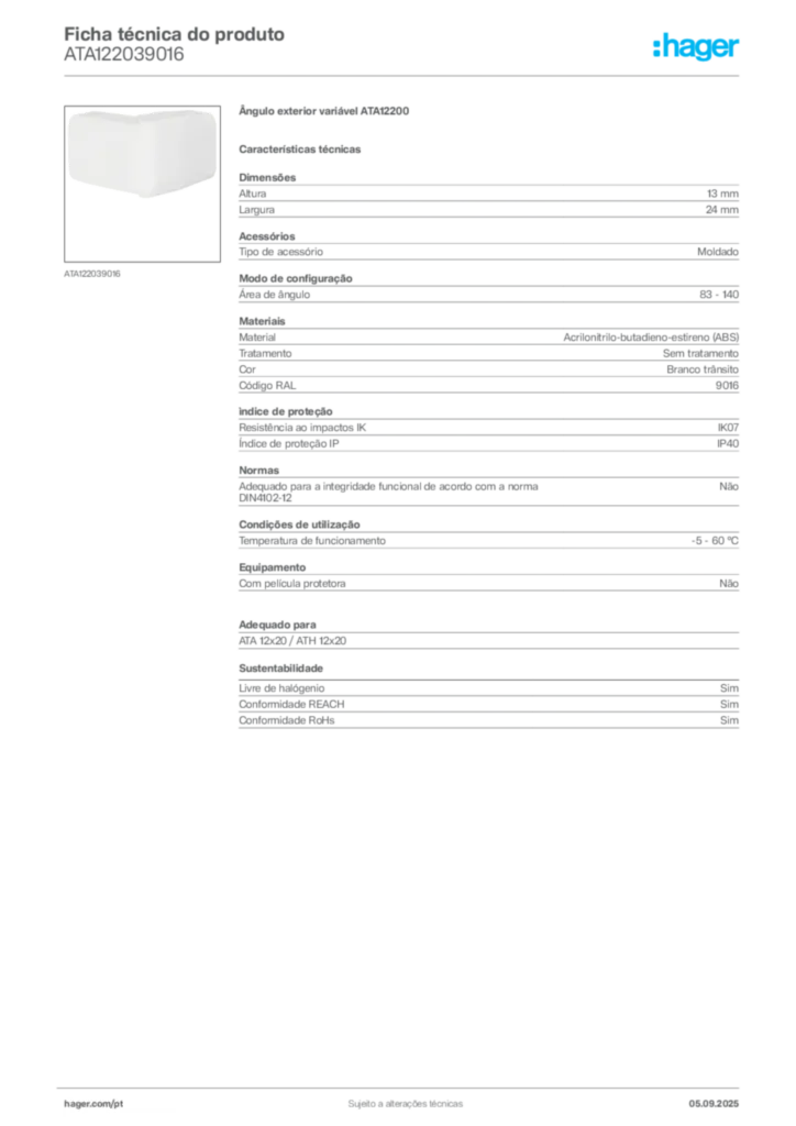 Imagem Hager Ficha técnica do produto ATA122039016 | Hager Portugal