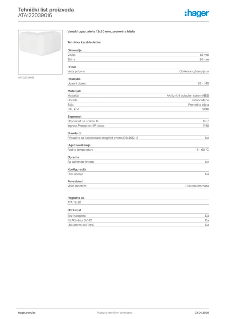 Slika Hager Tehnički list proizvoda ATA122039016  | Hager