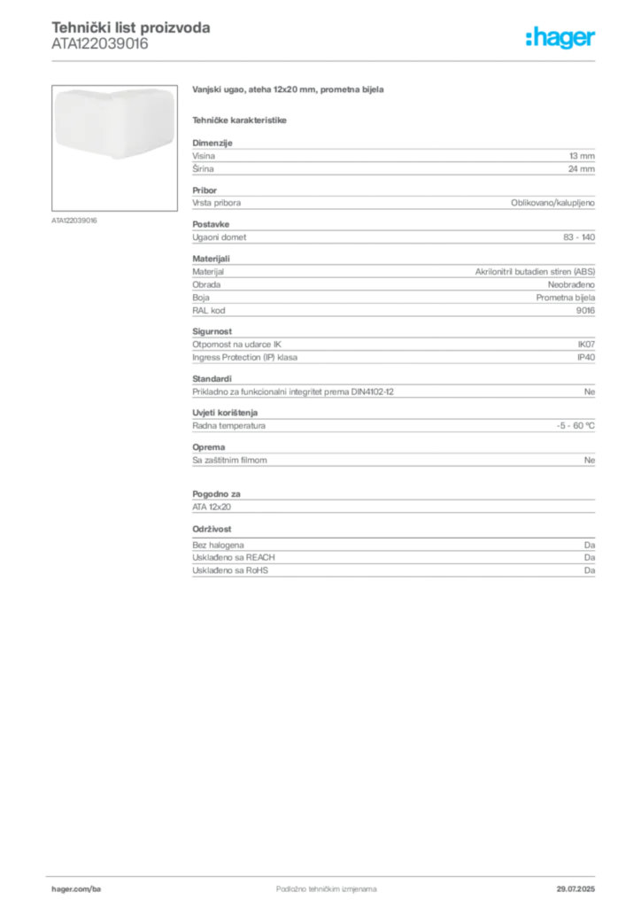 Slika Hager Product data sheet ATA122039016  | Hager