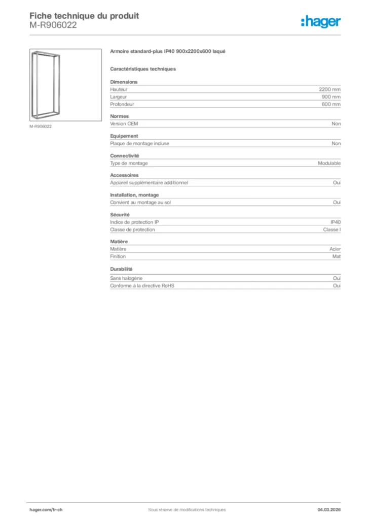 Image Hager Fiche technique du produit M-R906022 | Hager Suisse