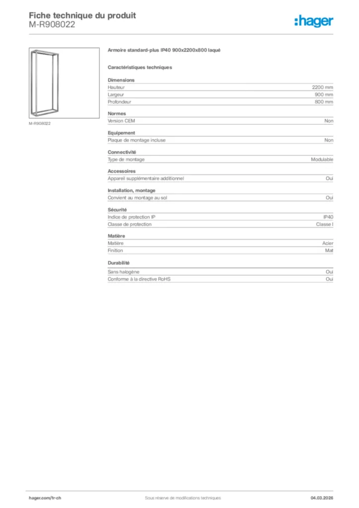 Image Hager Fiche technique du produit M-R908022 | Hager Suisse